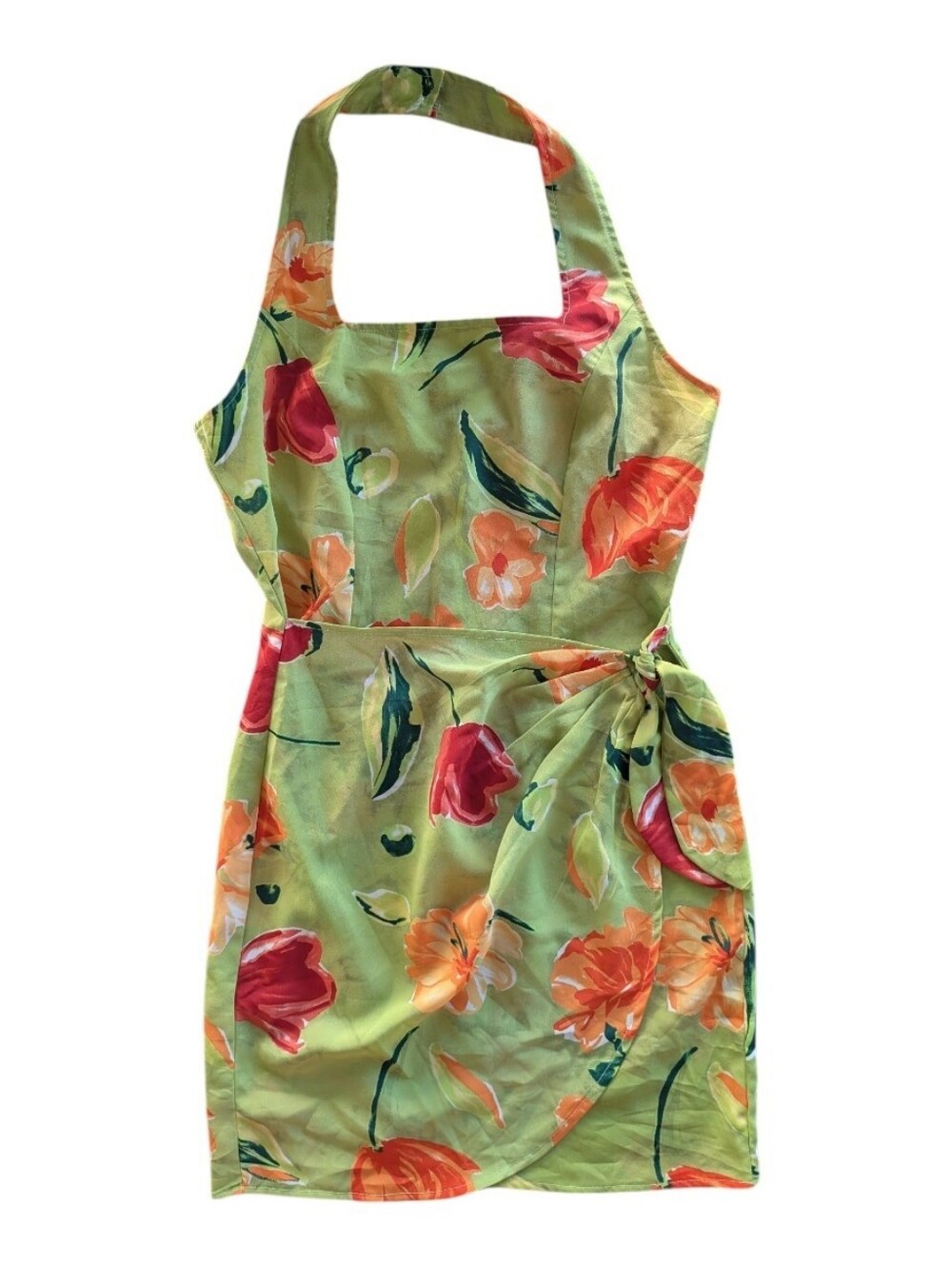 Vintage Y2K Floral Halter Mini Dress Lime Green Floral Print Wrap Style Size 8